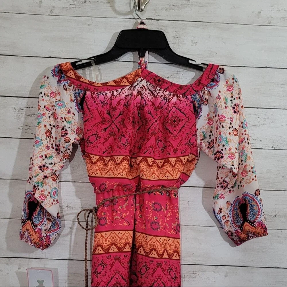 Girls Rare Editions Boho Chic Aztec Design‎ Fuchsia Floral Cold-Shoulder Dress 7